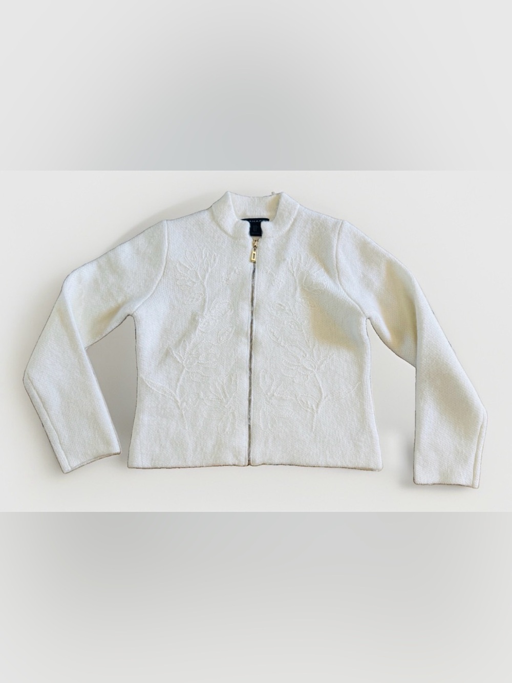 Tahari Women’s M Off White Floral Knit Full Zip Cardigan Sweater Gold Tone